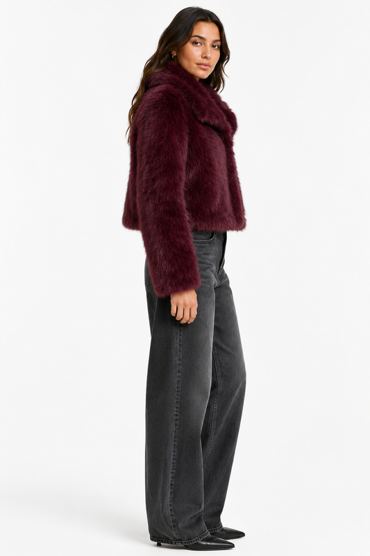 Korte bordeaux faux fur jas