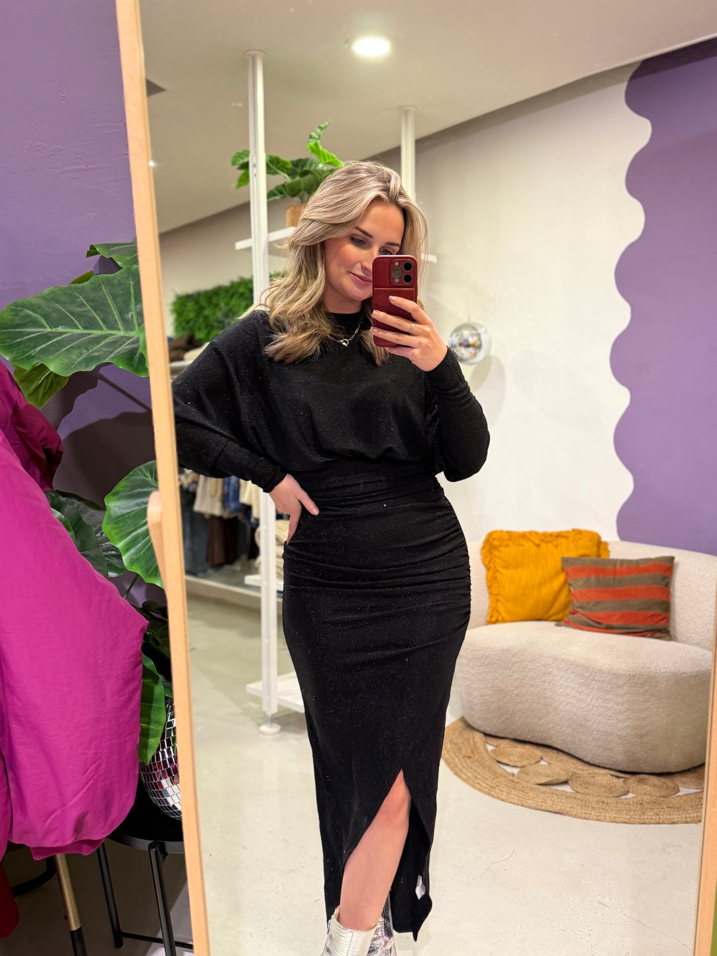 Glitter jurk zwart met split