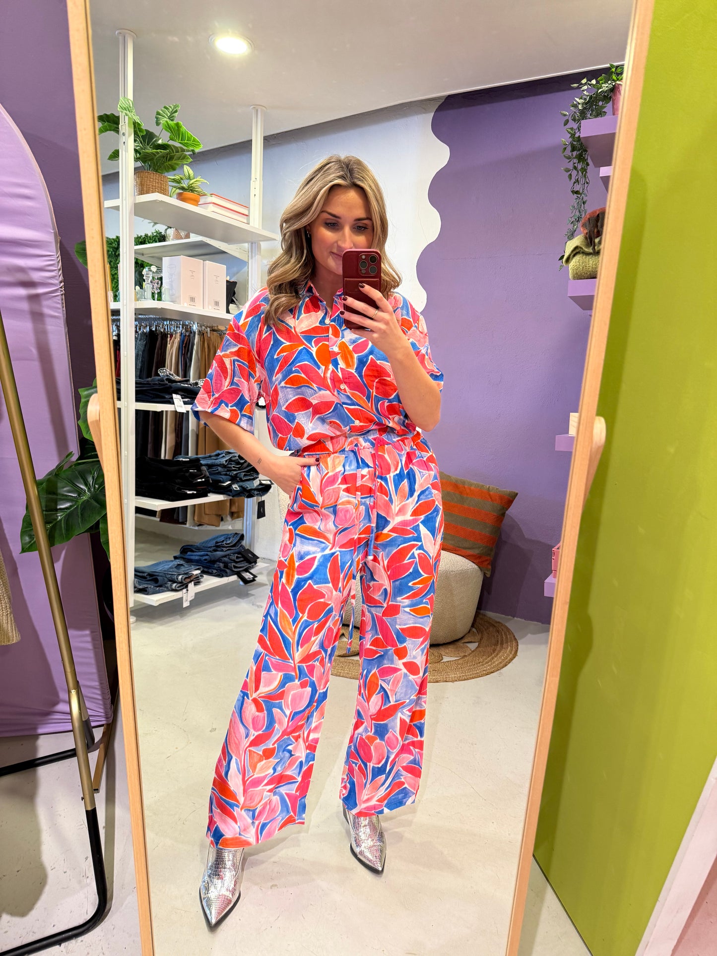 Flower print blouse cobalt en pink