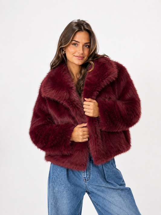 Korte bordeaux faux fur jas
