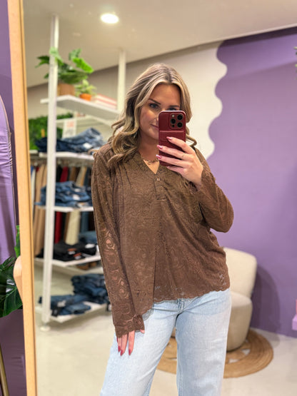 Kanten blouse bruin