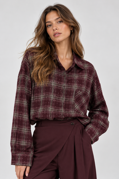Geruite blouse bordeaux rood met strass