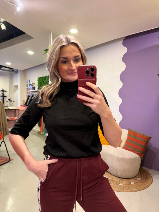 Zwarte rib top met korte mouw