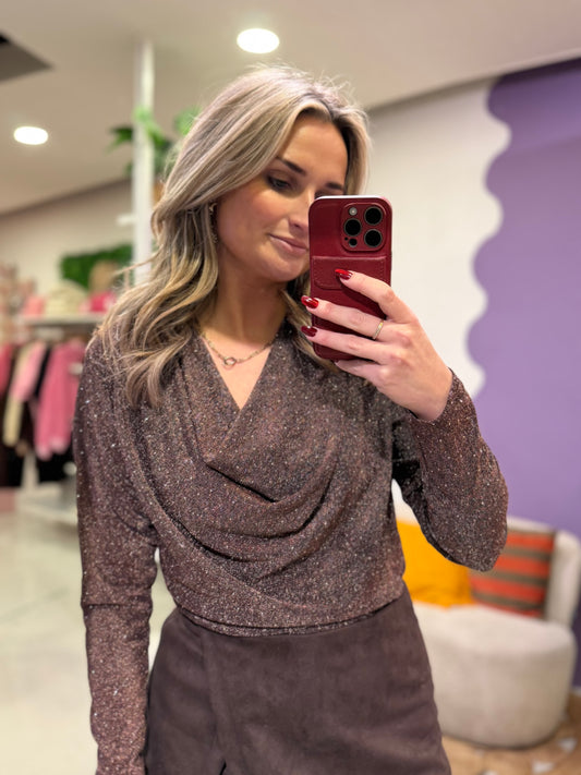 Bruine glitter longsleeve waterval hals