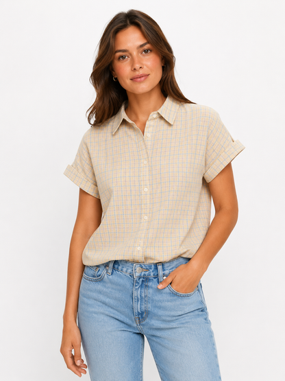 Geruite blouse geel, blauw, roze
