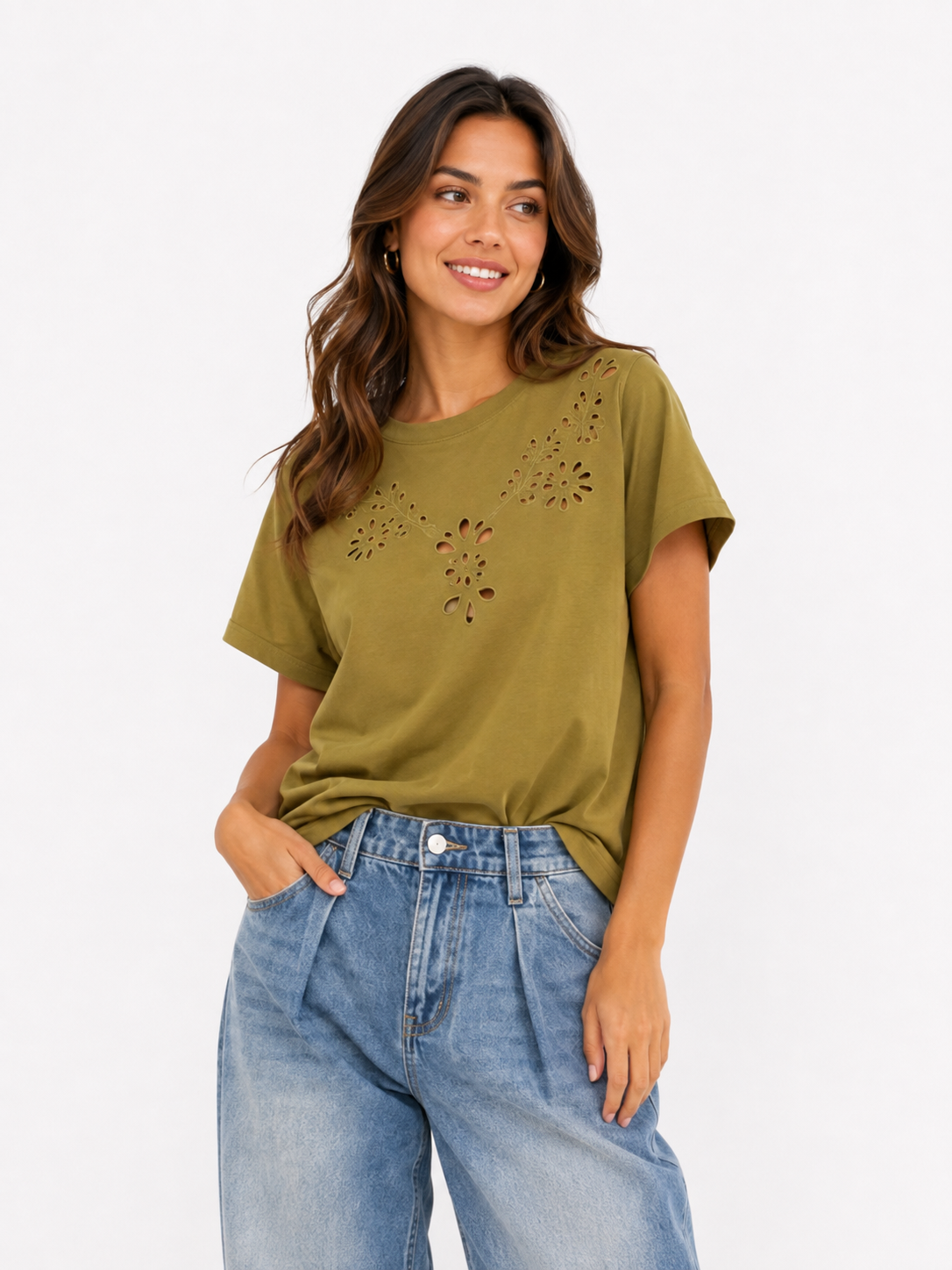 Cut out embroidery t-shirt groen