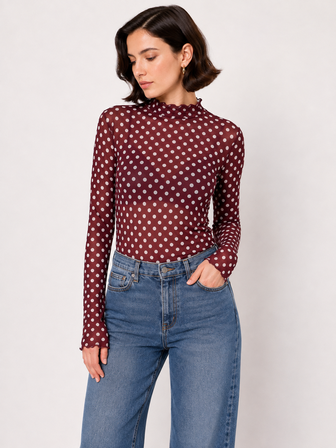 Polka dot mesh longsleeve bordeaux