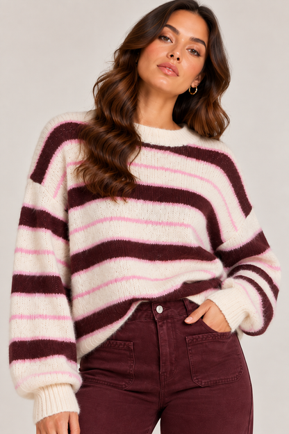 Gestreepte trui bordeaux, creme, roze