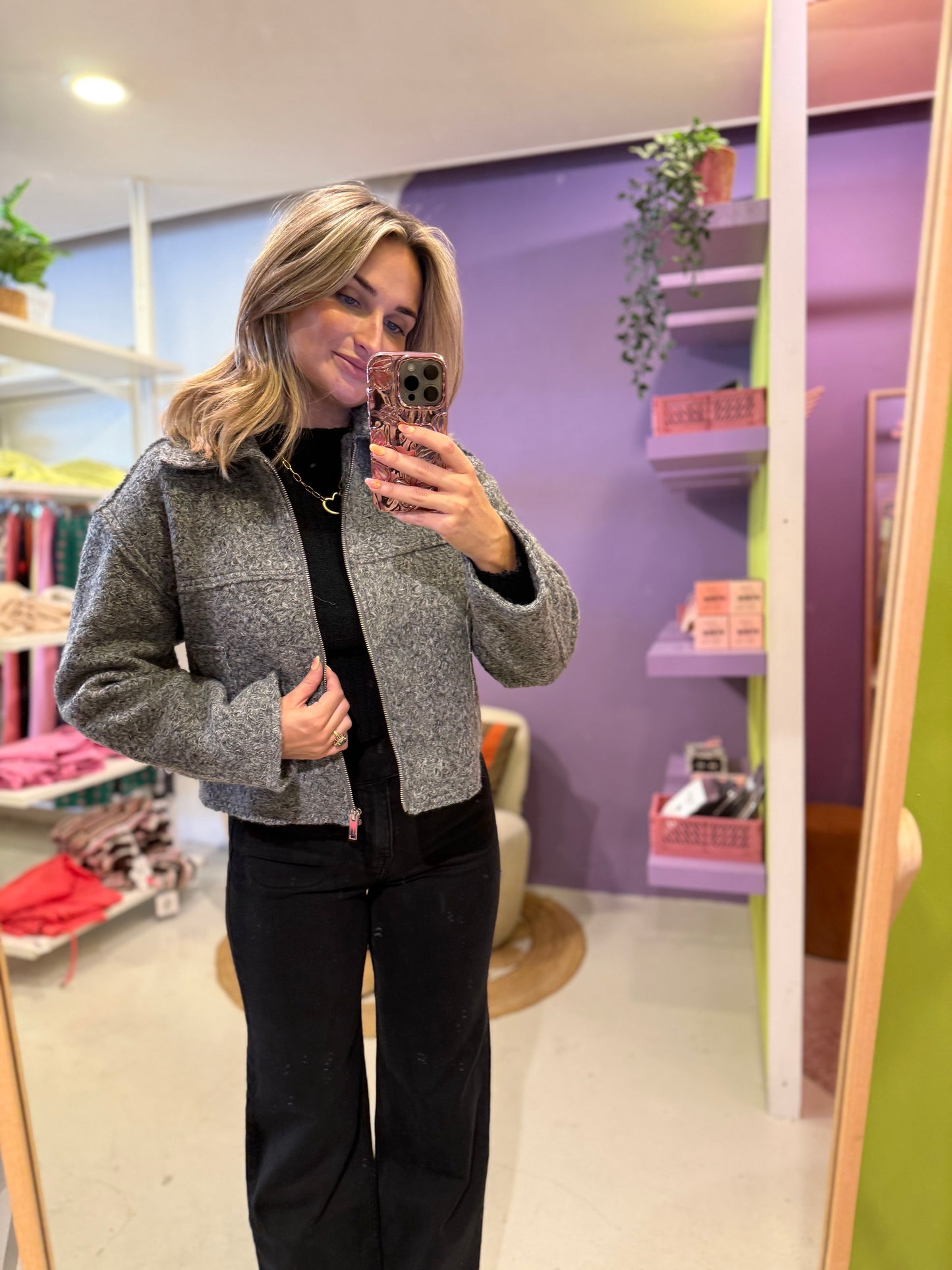 Kort Bouclé Jasje met Relaxed Fit en Rits