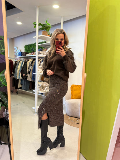 Gebreide rok met pailletten bruin