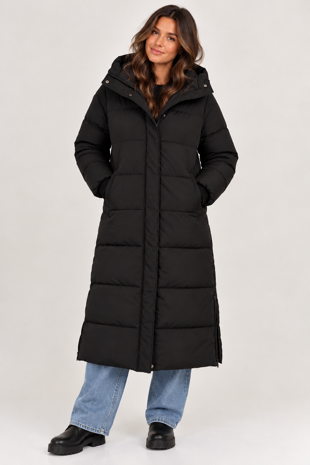 Lange winterjas met capuchon puffer coat zwart