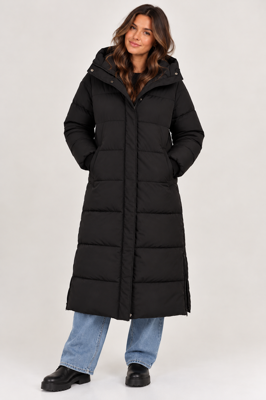 Lange winterjas met capuchon puffer coat zwart