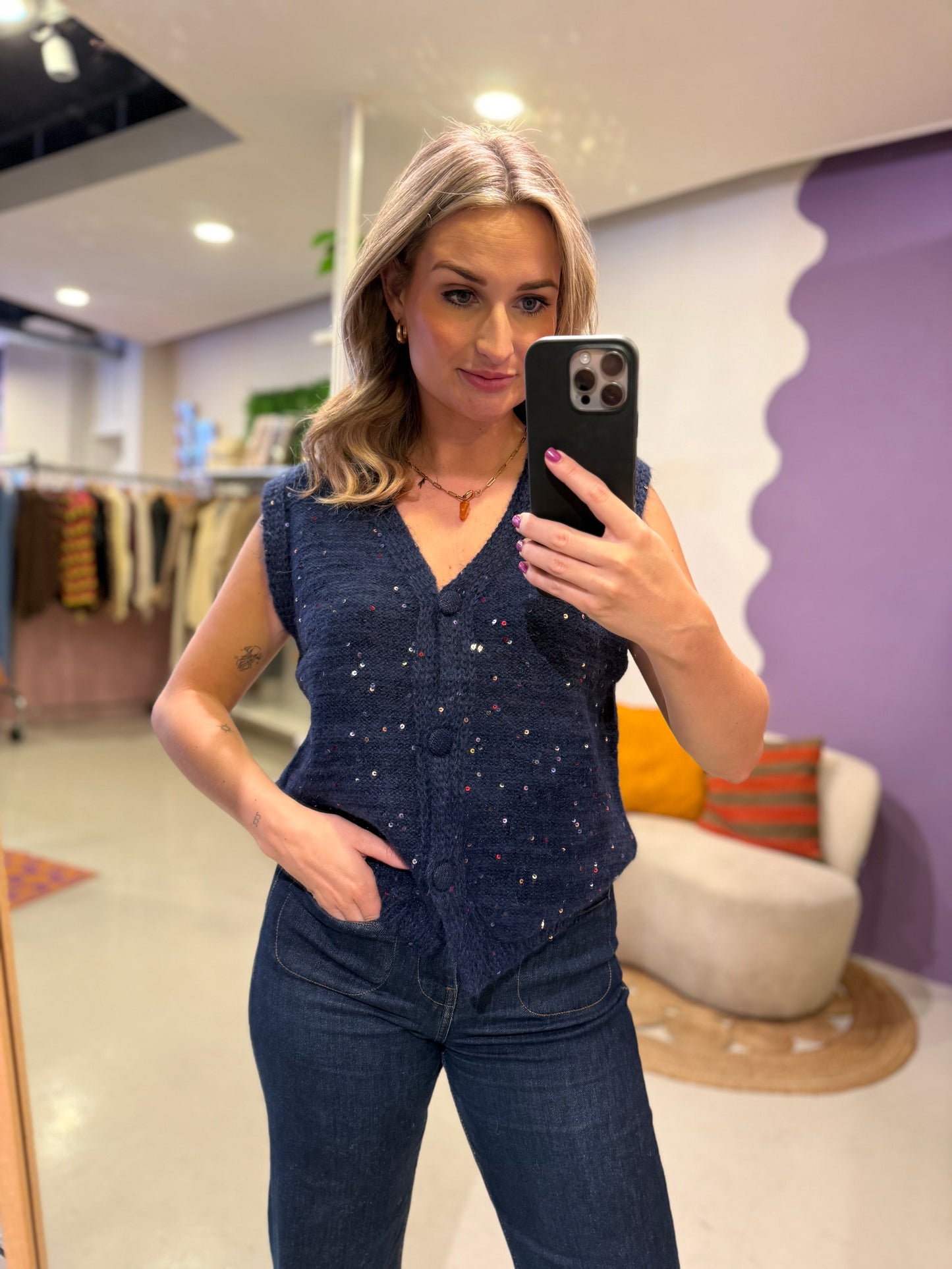 Gebreide gilet met glitter navy