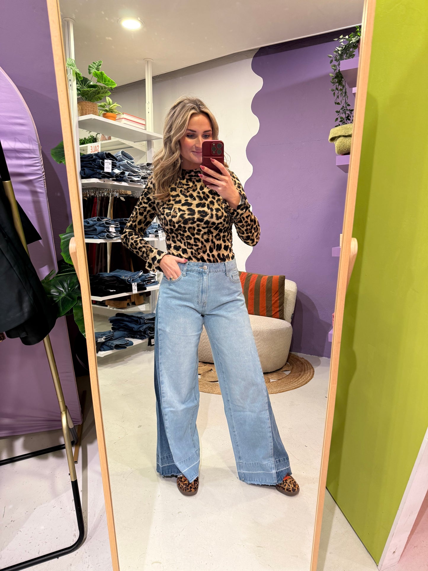 Wijde jeans met contrasterende denim