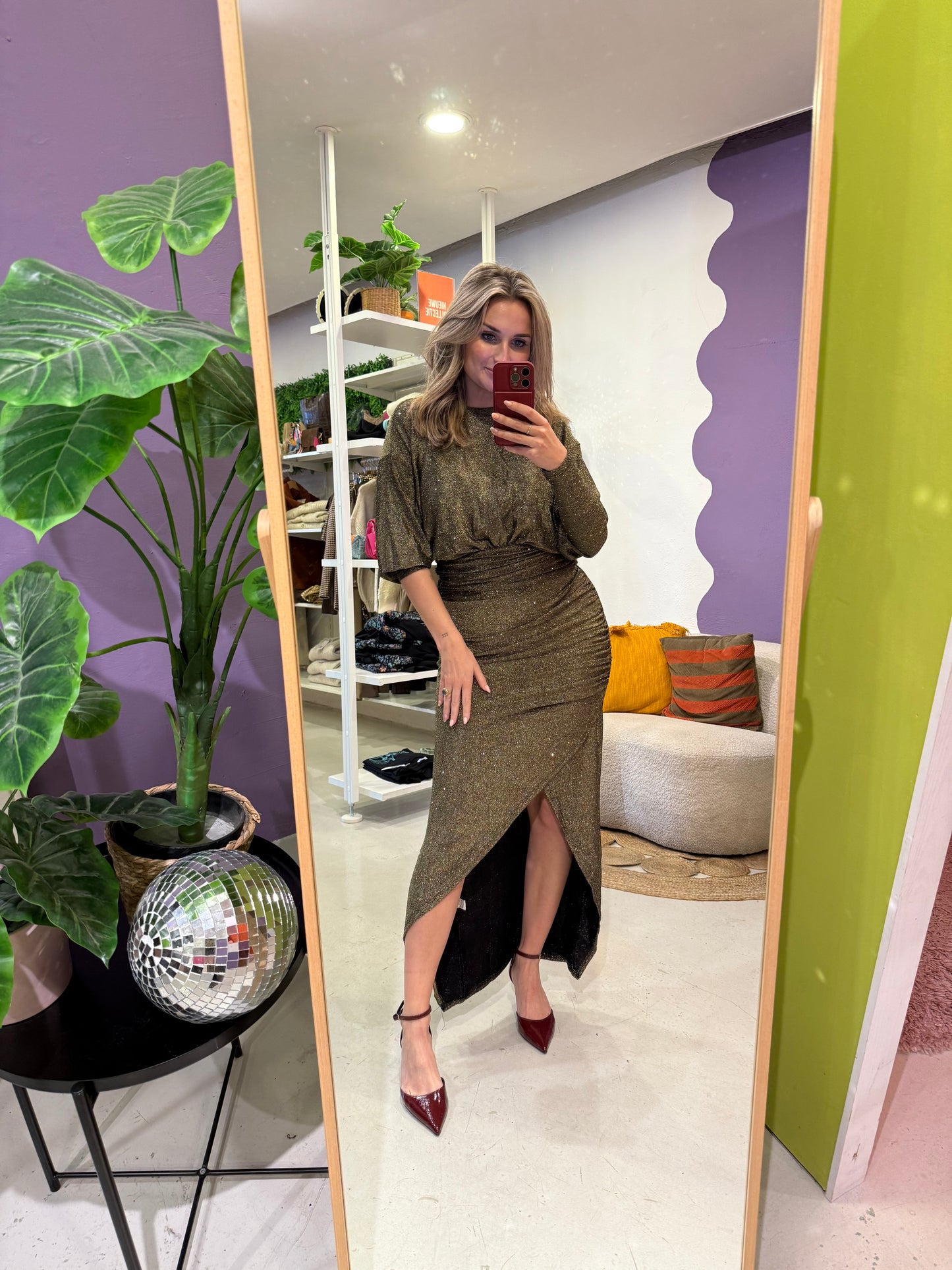 Glitter jurk goud met split