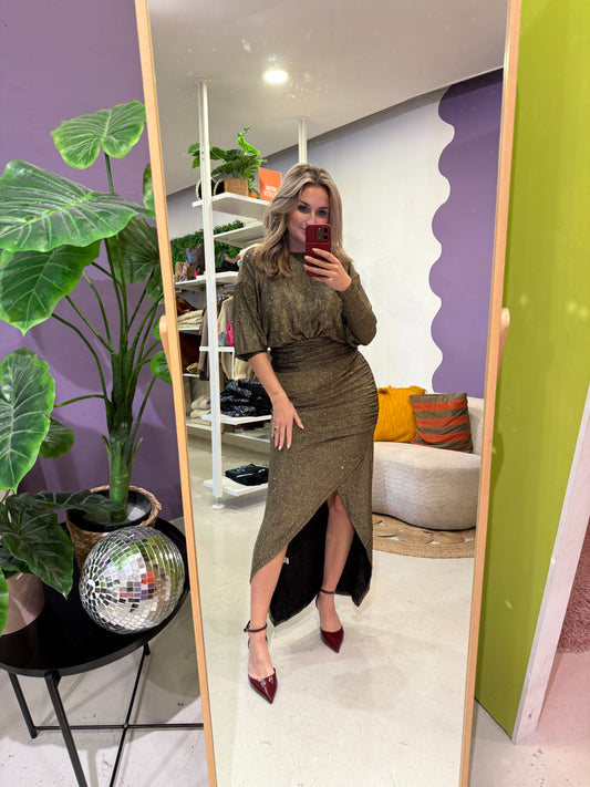 Glitter jurk goud met split