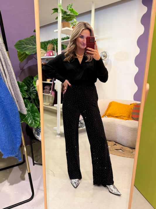 Zwarte rechte glitter broek