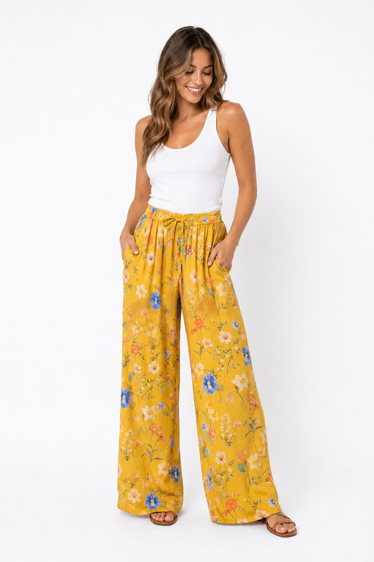 Bloemen broek geel / multicolor