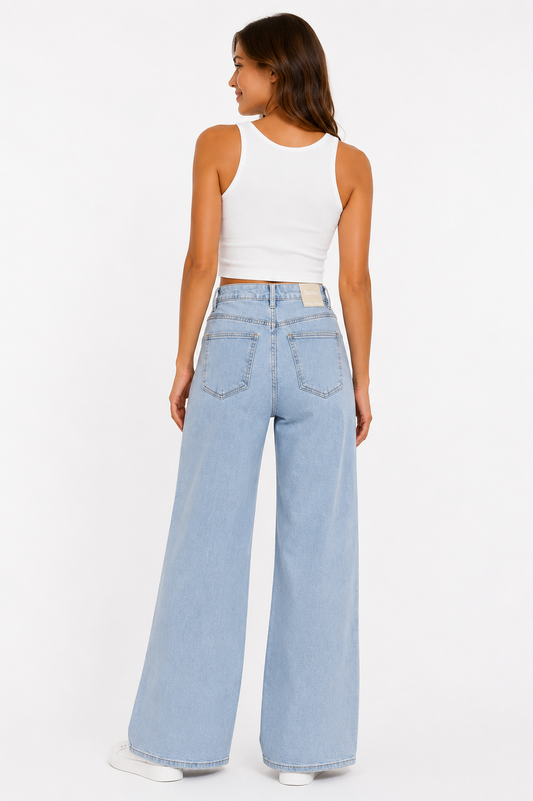 Lace-up wide leg jeans - light denim