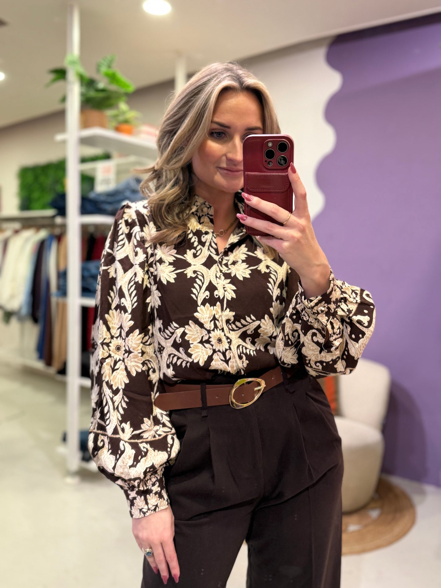 Blouse bruin met print en ballonmouw