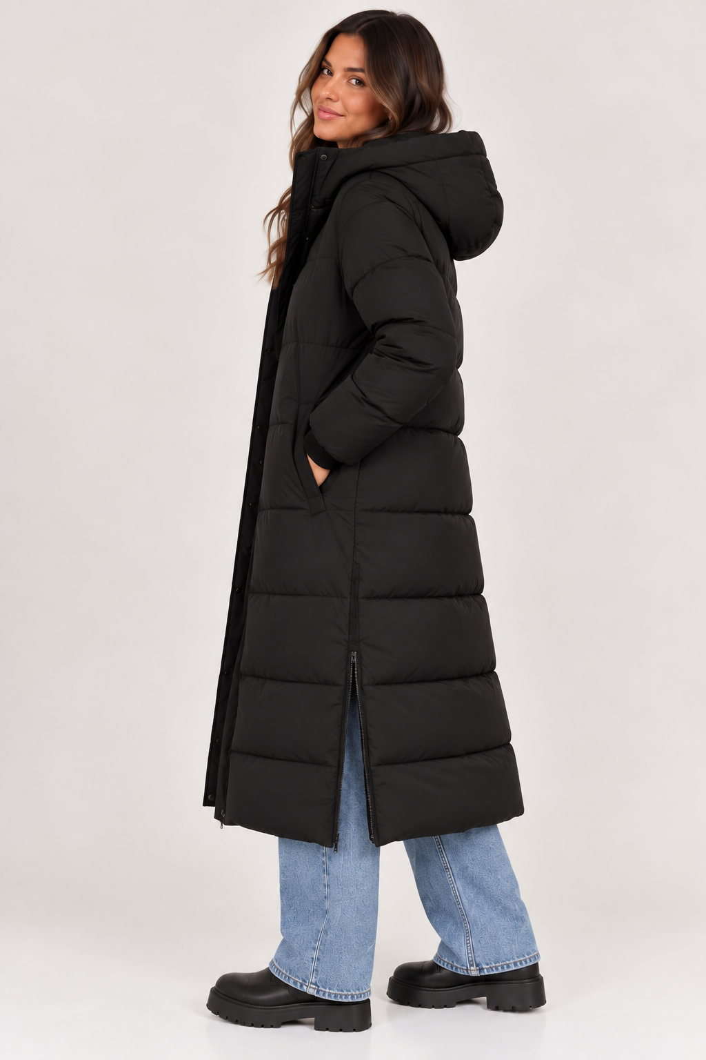 Lange winterjas met capuchon puffer coat zwart