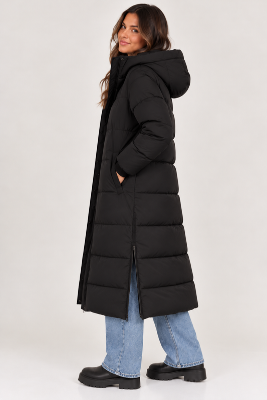 Lange winterjas met capuchon puffer coat zwart
