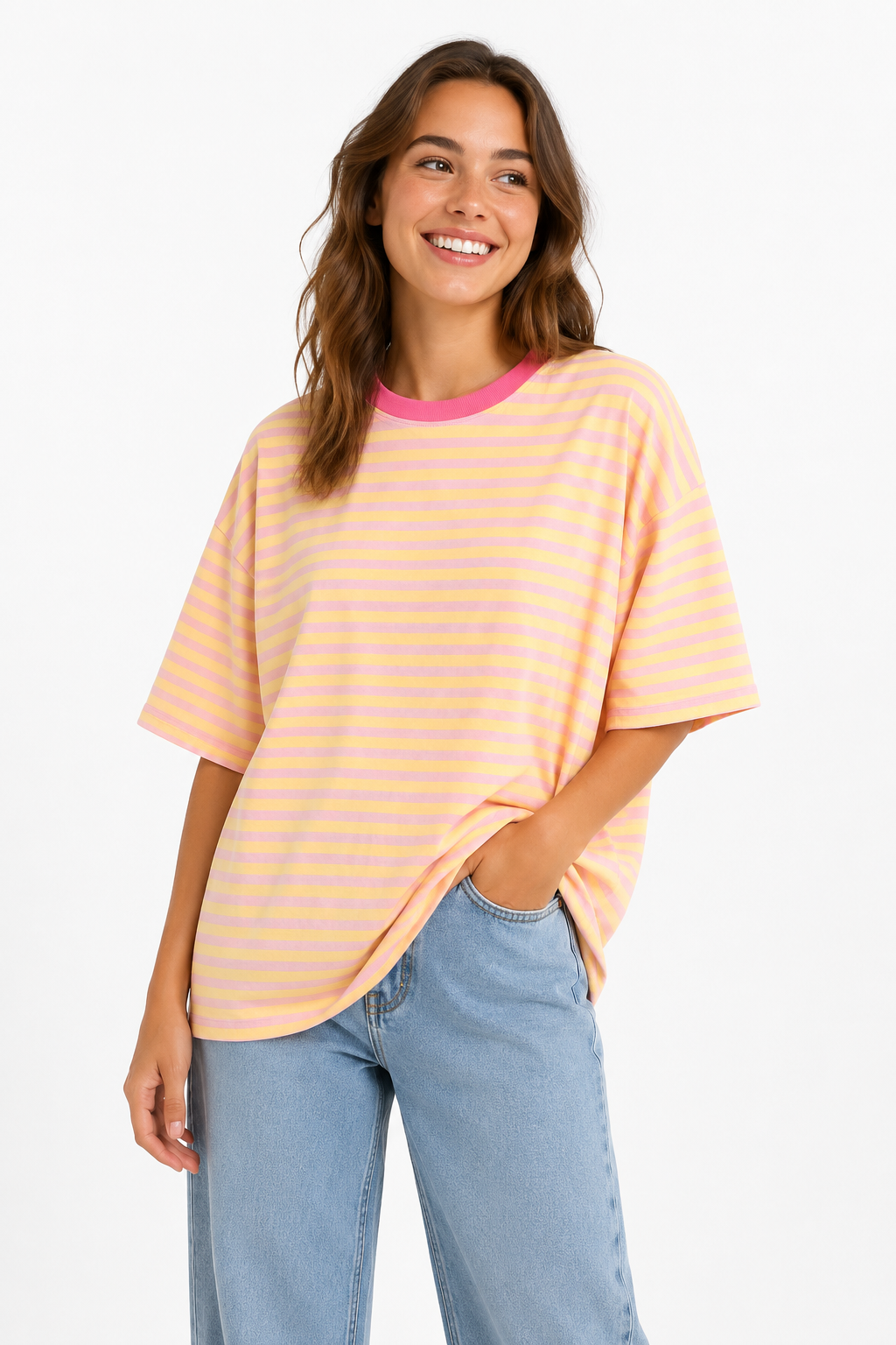T-shirt streepjes geel/roze