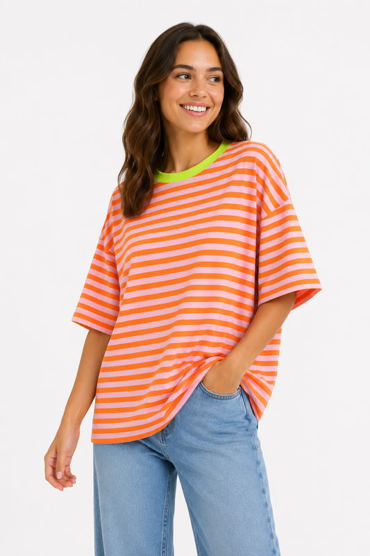 T-shirt streepjes oranje/ roze