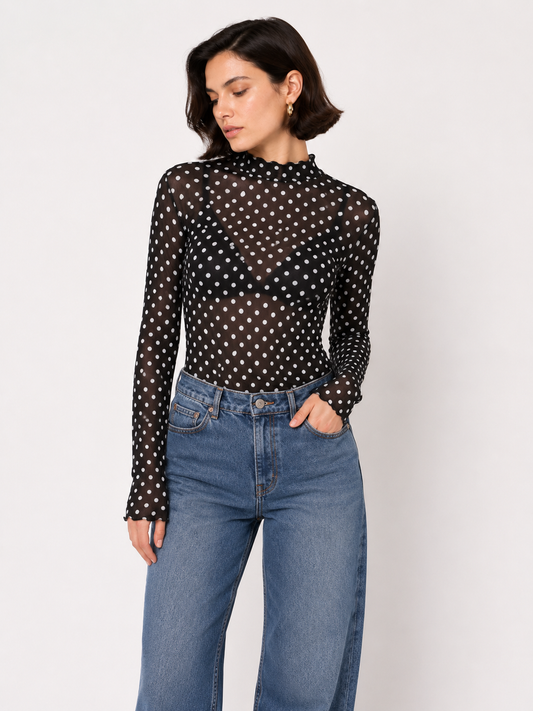 Polka dot mesh longsleeve zwart