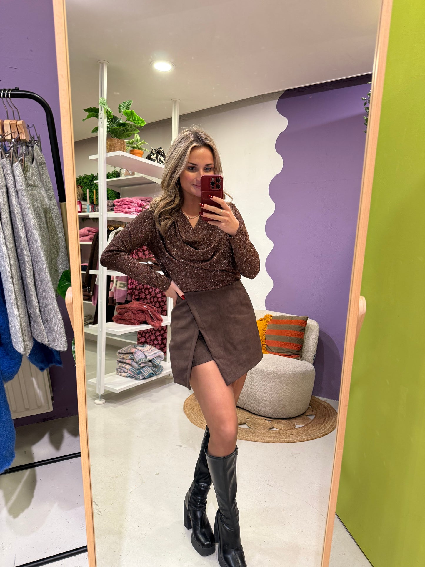 Bruine glitter longsleeve waterval hals