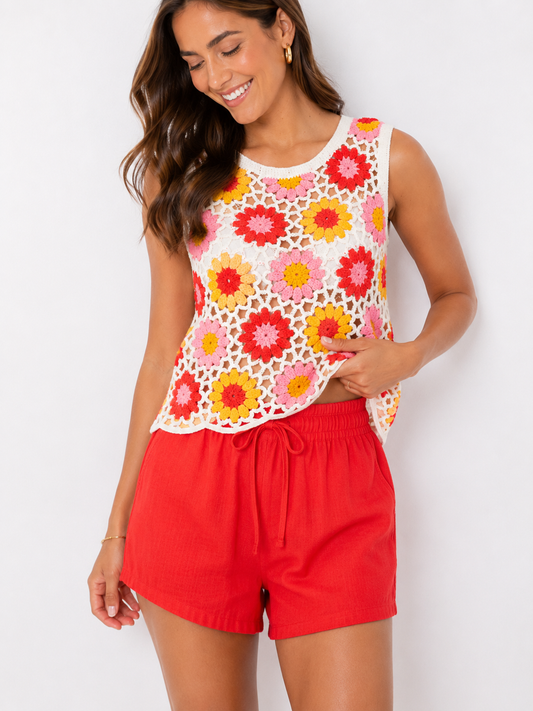 Flower crochet top rood/geel