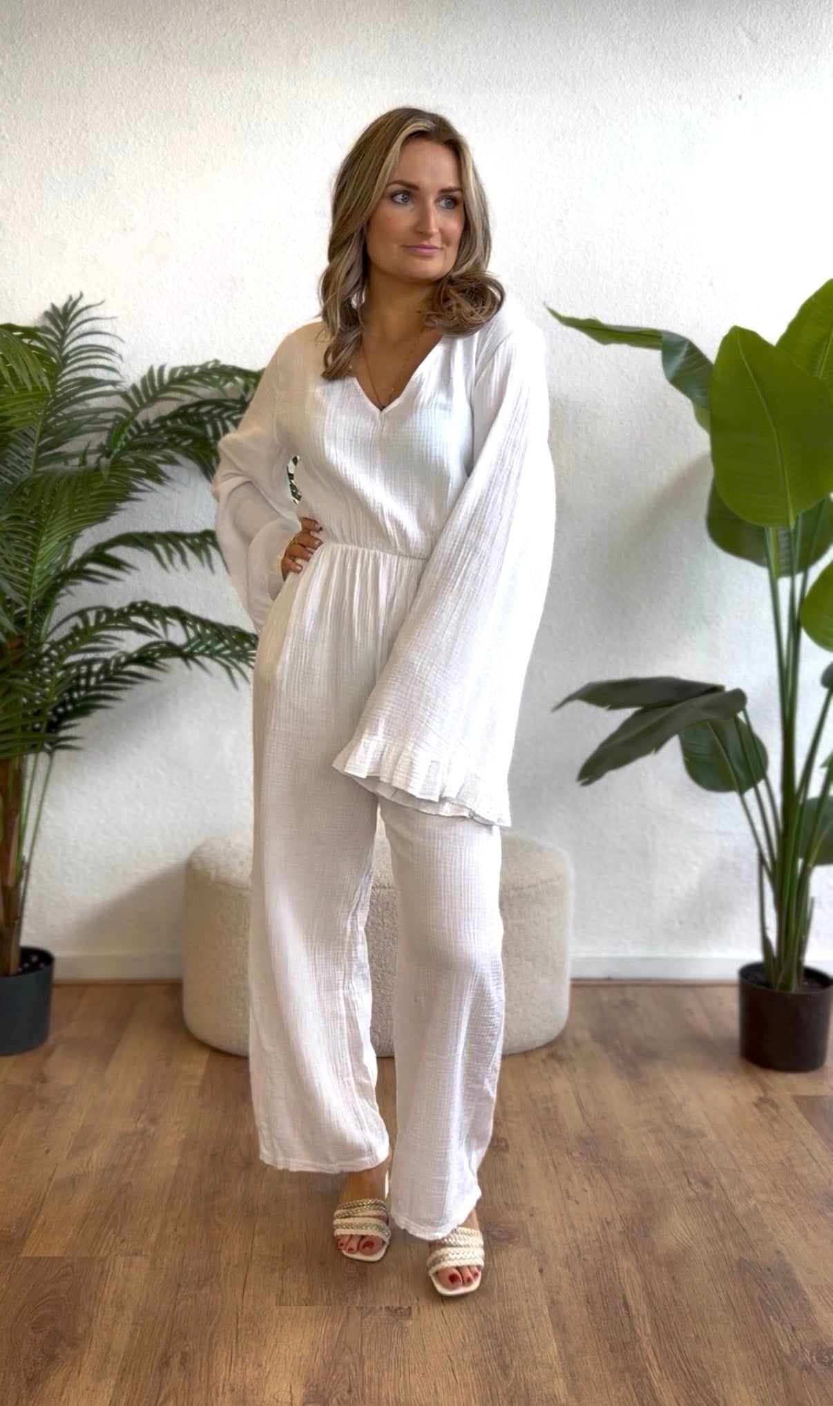 Mousseline katoen jumpsuit wit