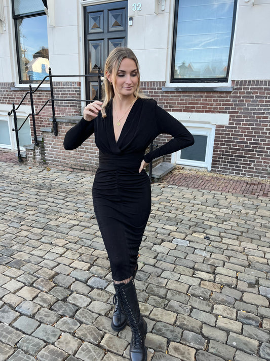 Midi dress party v hals zwart