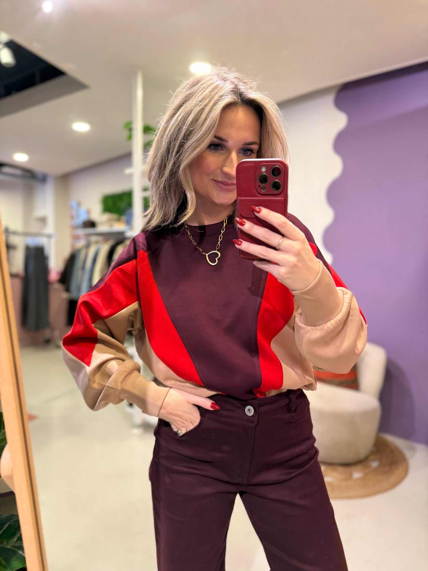 Raya sweater wine red/warm taupe