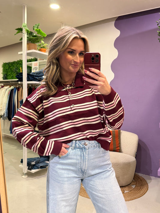 Gestreepte polo bordeaux ,creme , roze