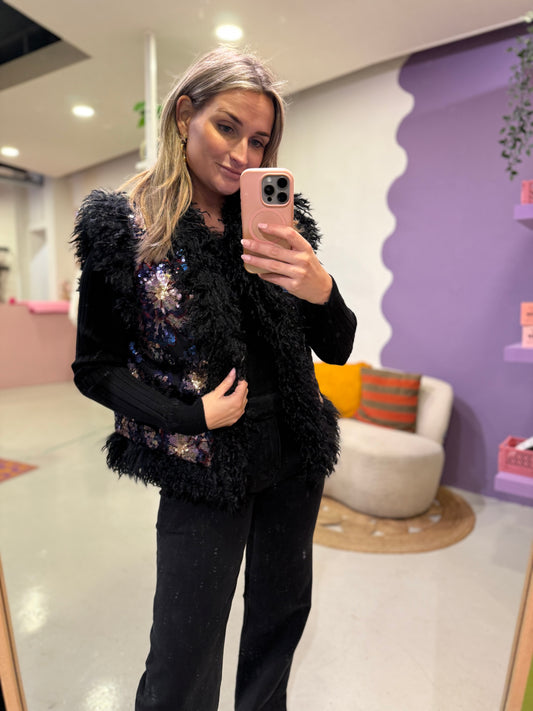 Glitter gilet fluffy zwart/blauw one size
