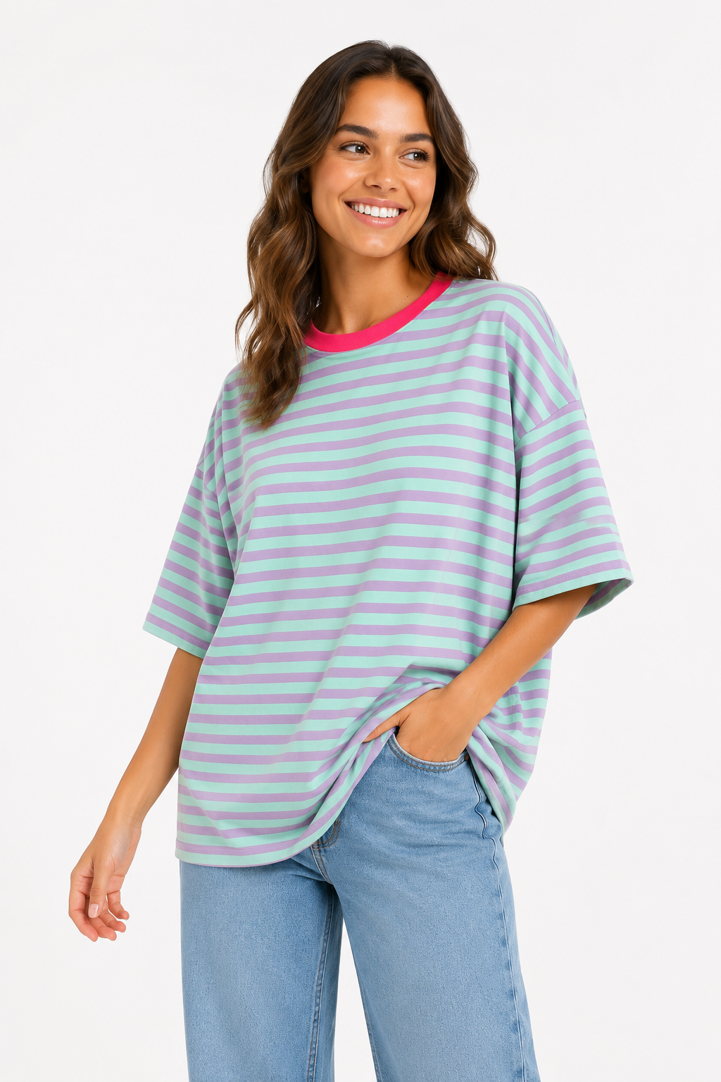 T-shirt streepjes lila/mint