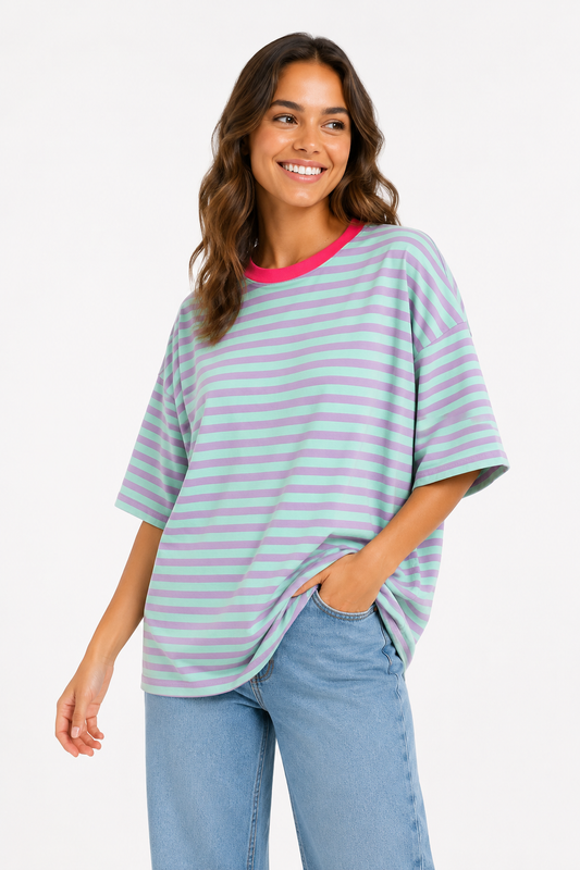 T-shirt streepjes lila/mint