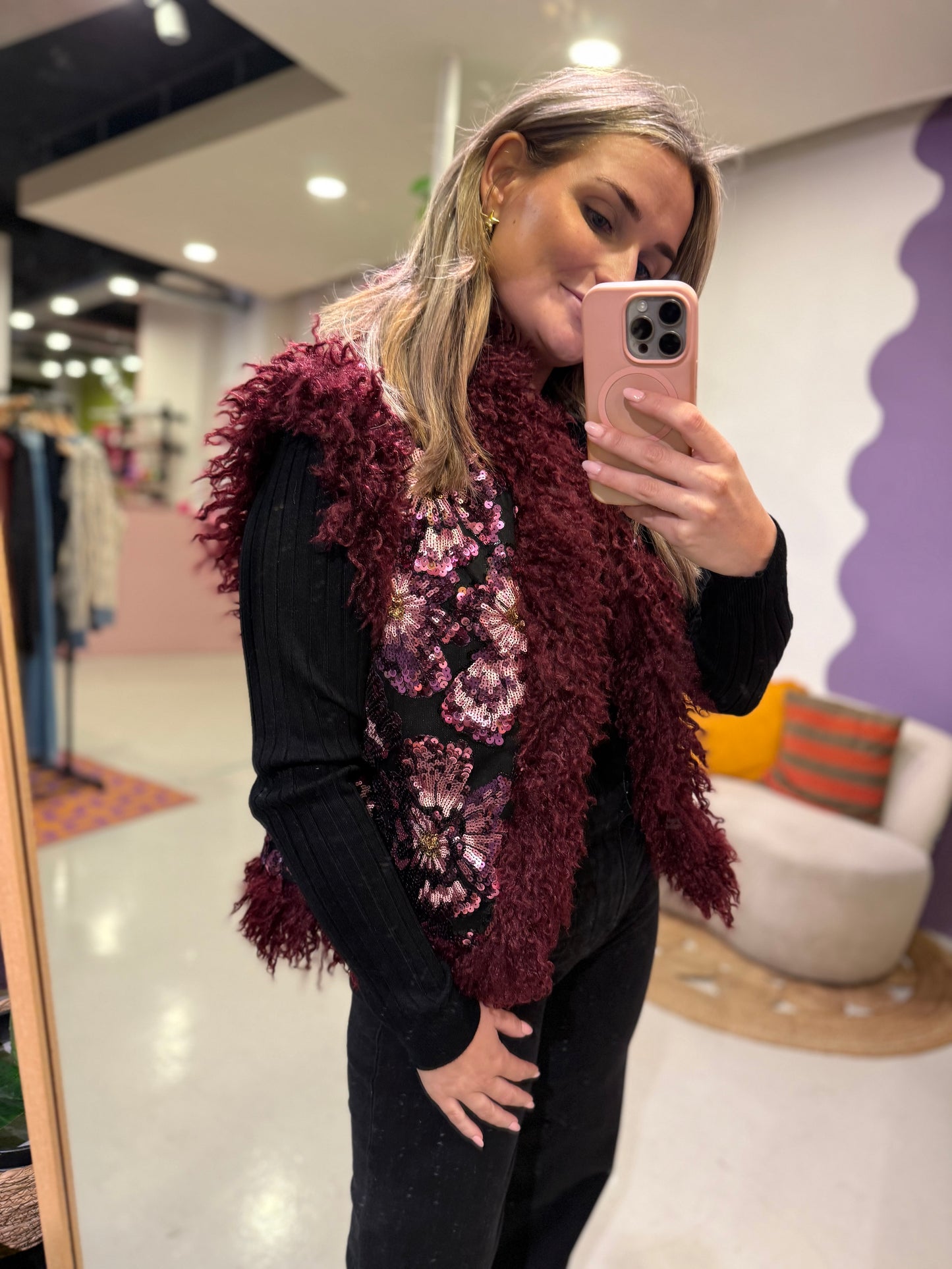 Glitter gilet fluffy bordeaux one size
