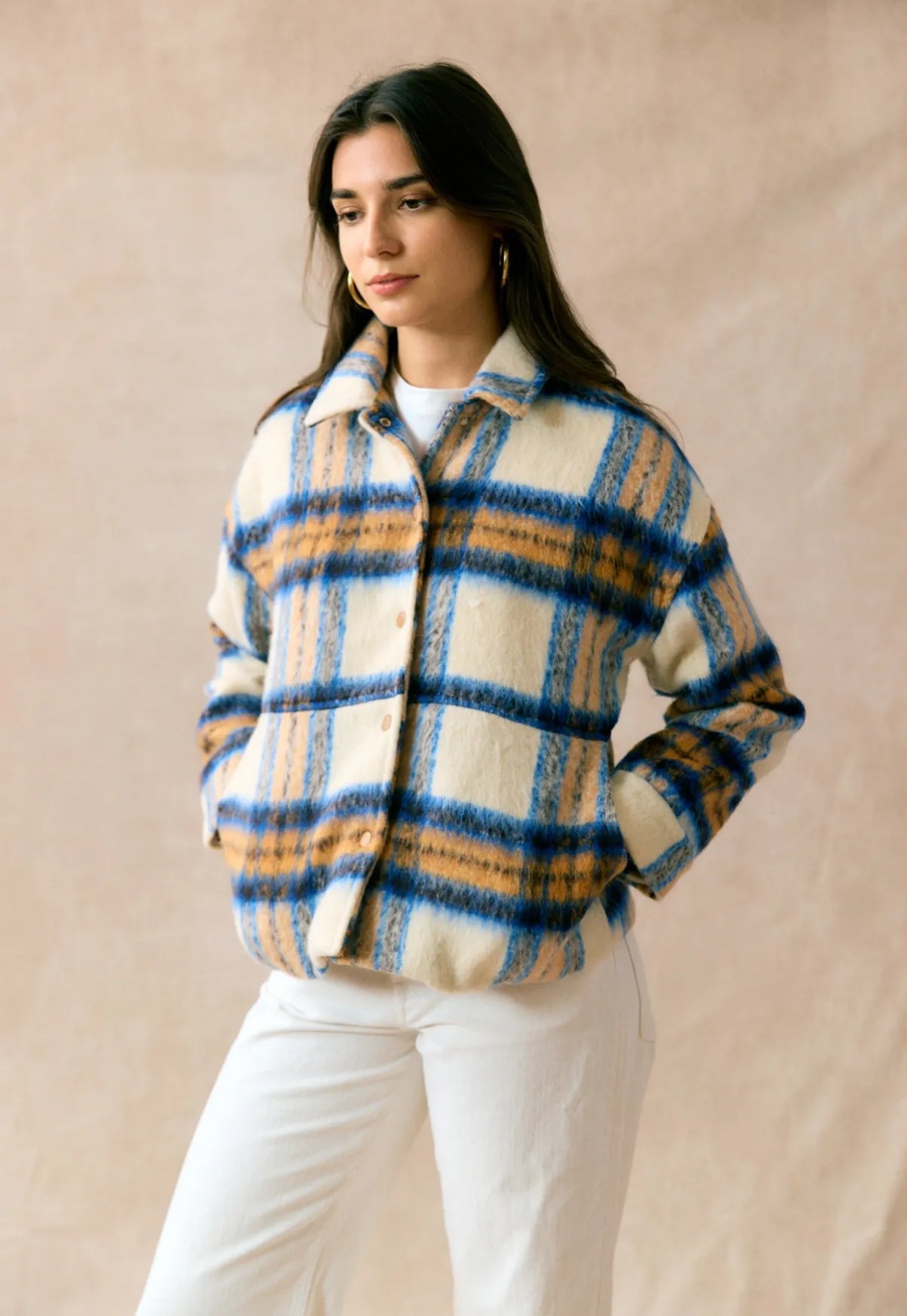 Geruite herfst jas blauw/beige