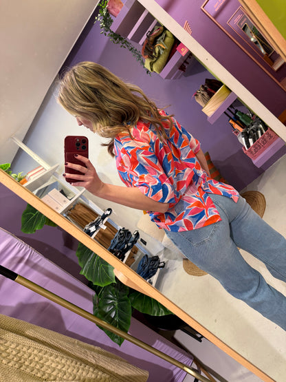 Flower print blouse cobalt en pink