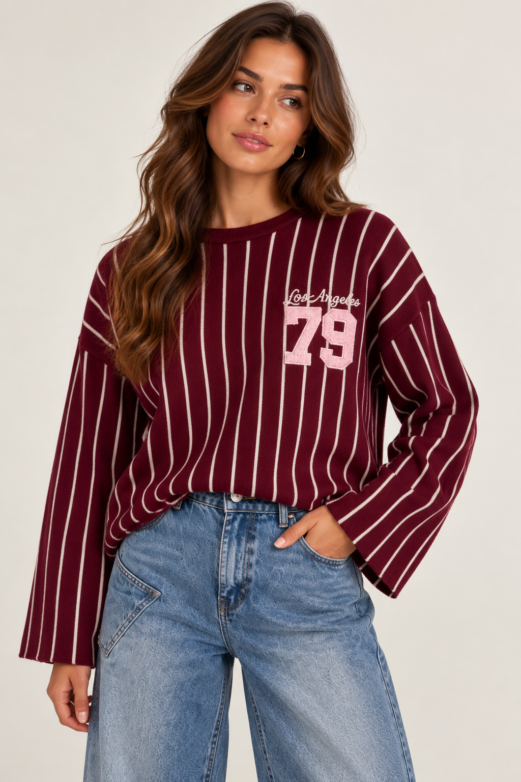 LA trui bordeaux/roze gestreept
