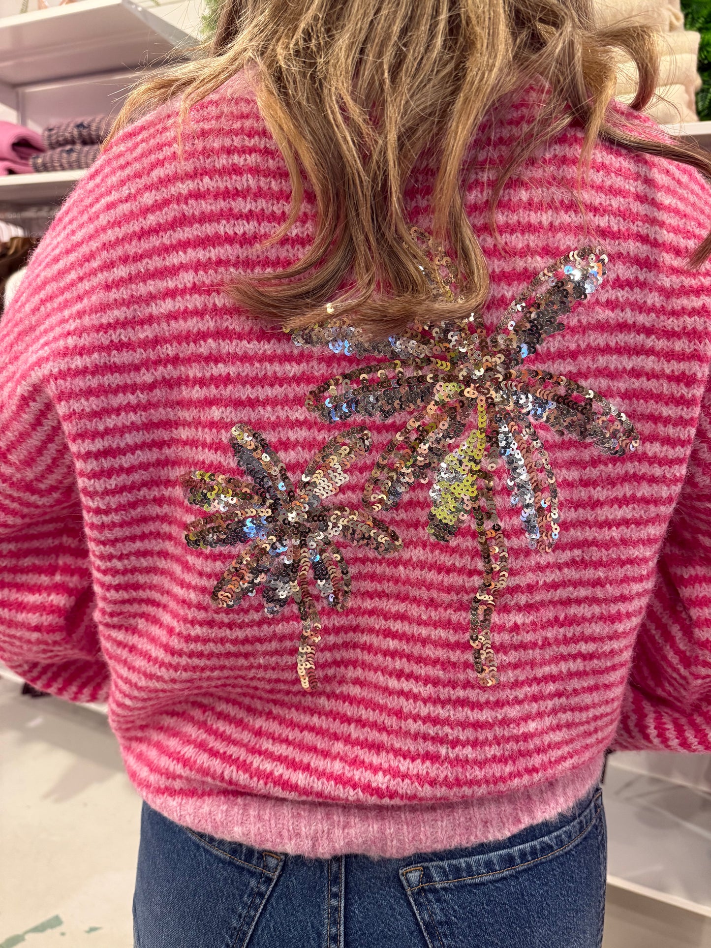 Roze gestreepte trui met pailletten palmboom