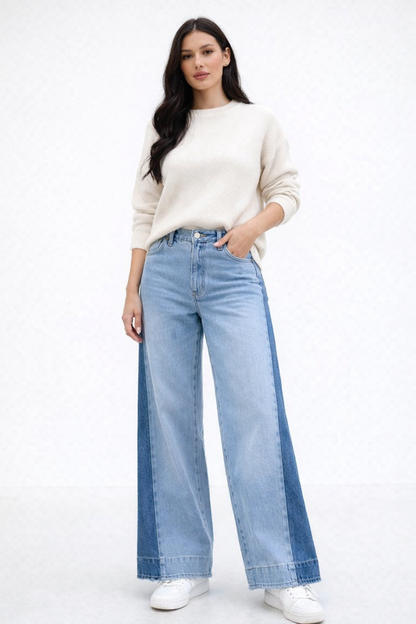 Wijde jeans met contrasterende denim