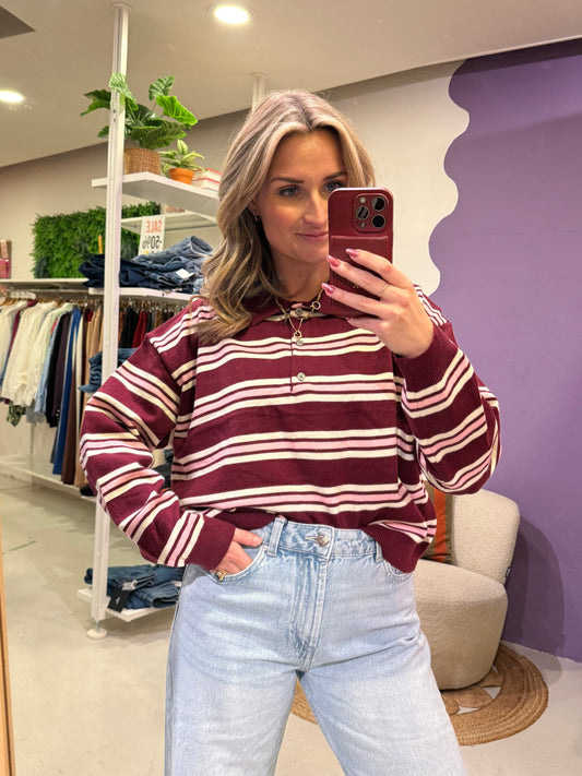 Gestreepte polo bordeaux ,creme , roze