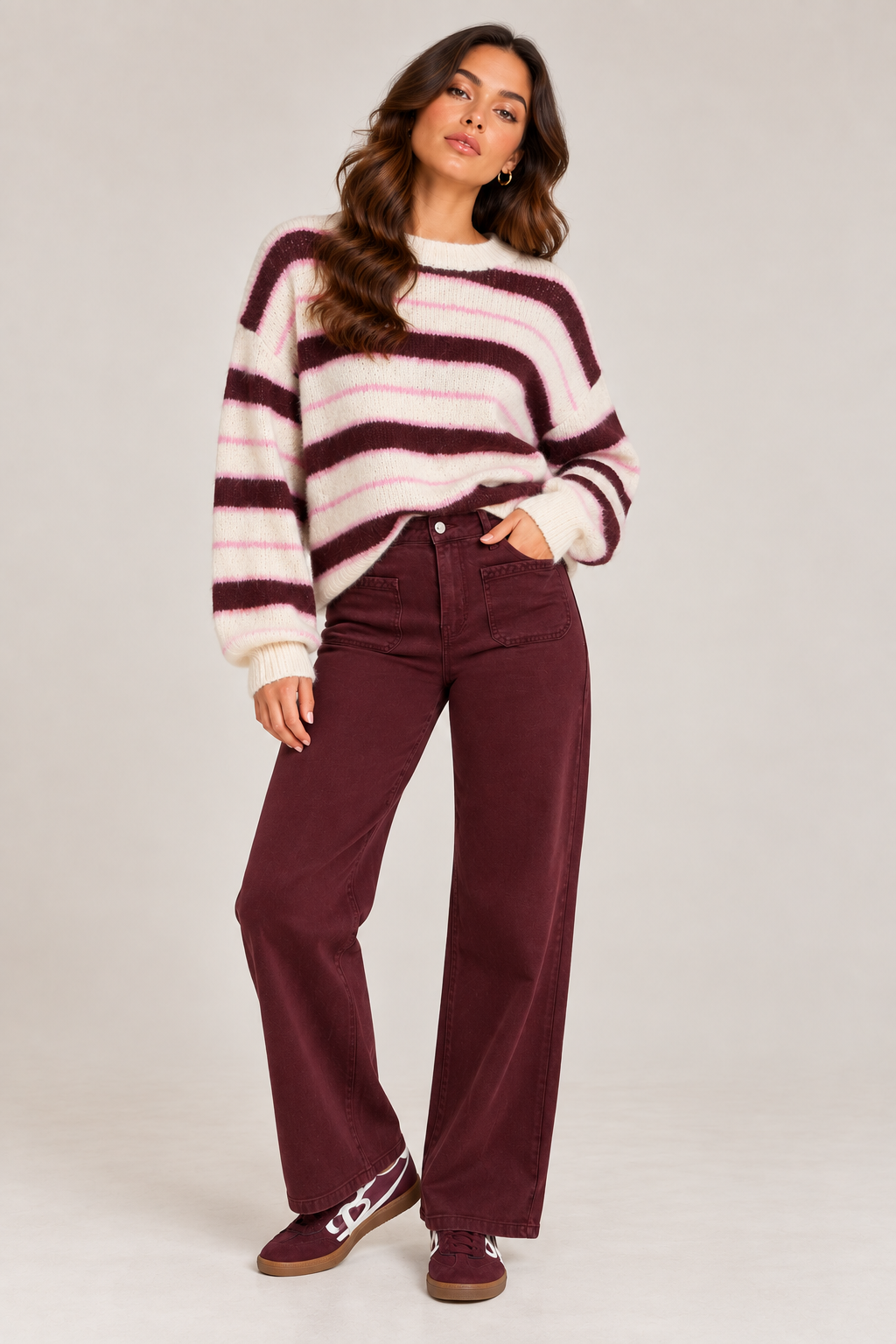 Gestreepte trui bordeaux, creme, roze