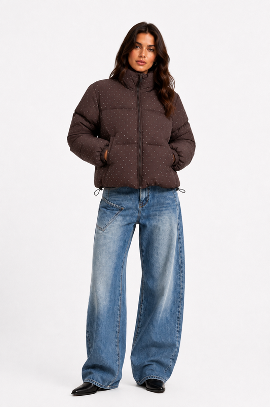 Puffercoat bruin strass glitter