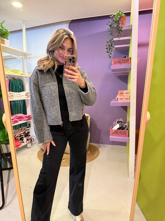 Kort Bouclé Jasje met Relaxed Fit en Rits