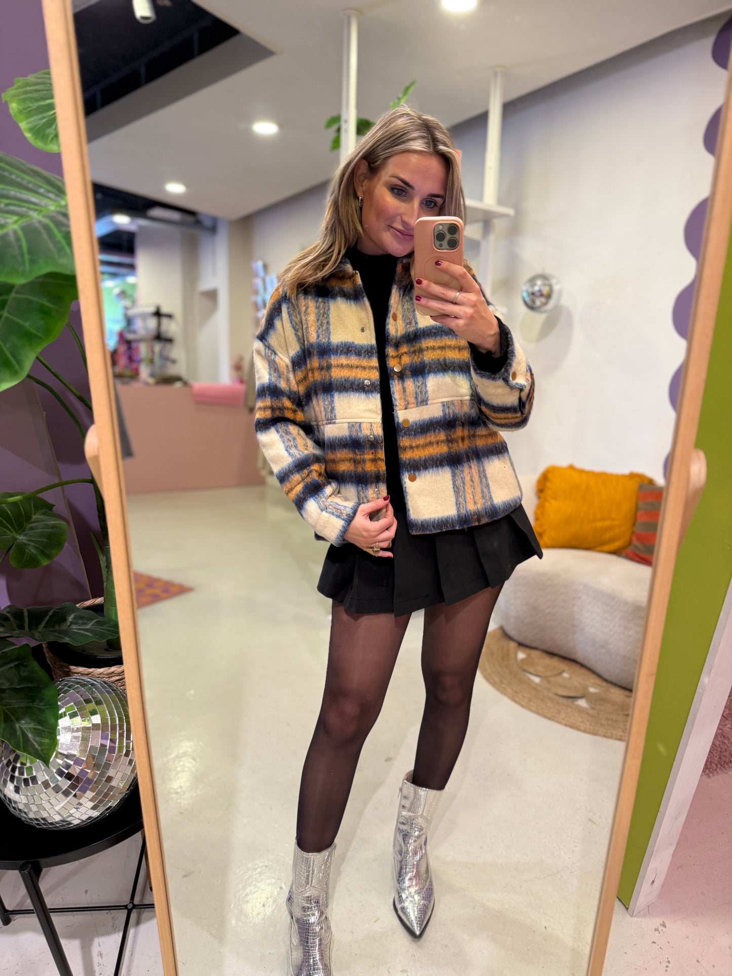 Geruite herfst jas blauw/beige