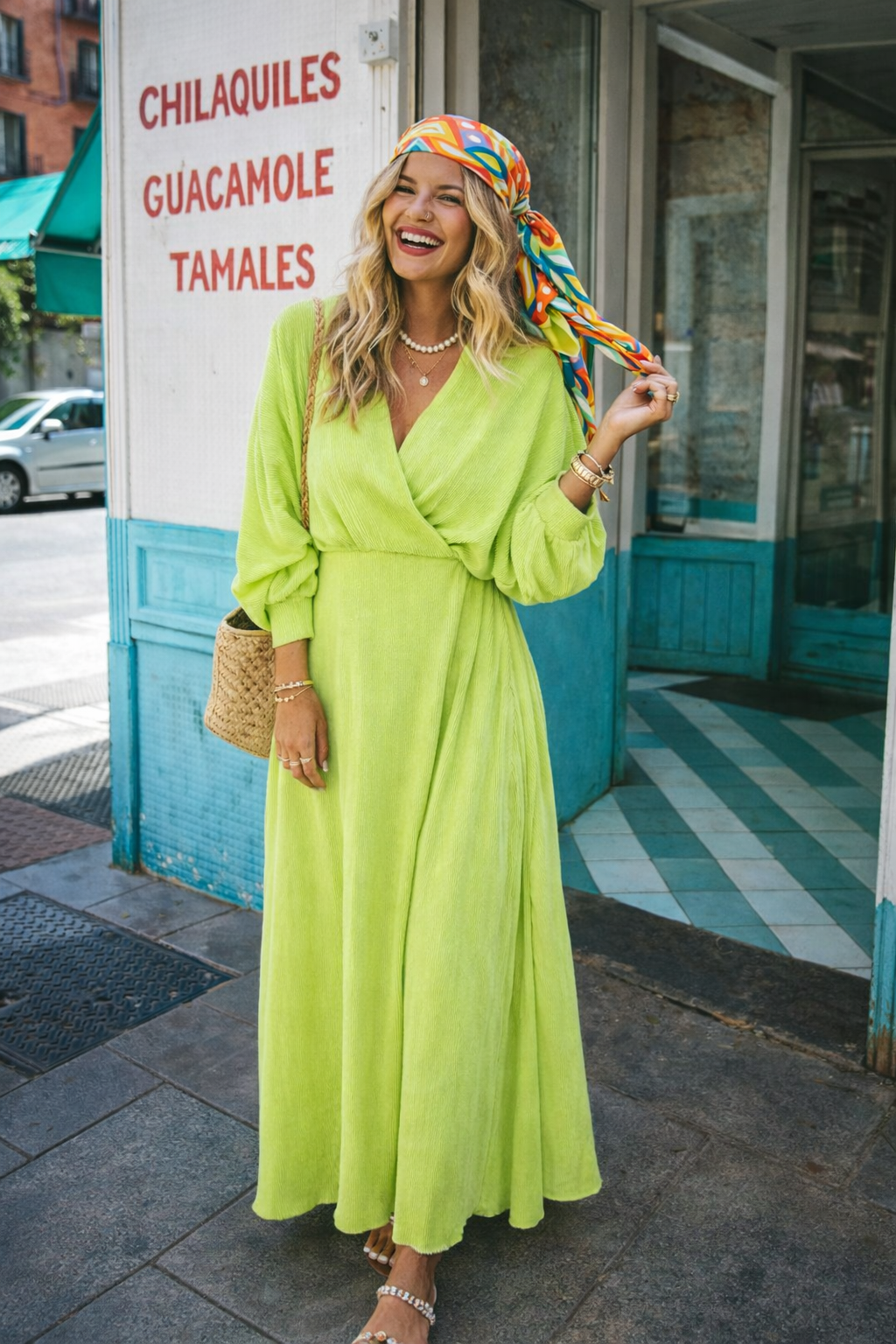 Plissé maxi dress groen